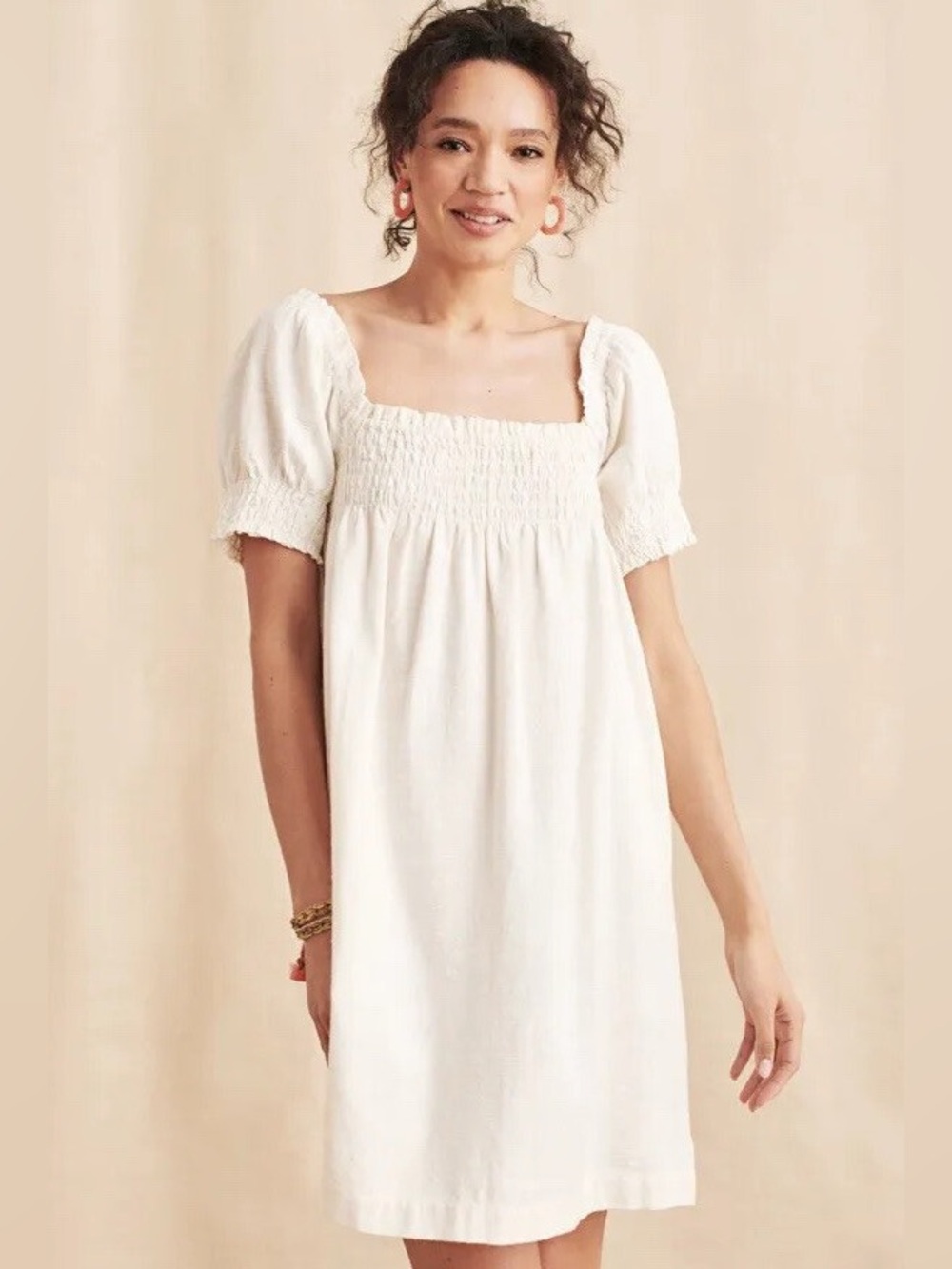 Faherty White Smocked Top with Embroidered Tag CB1158